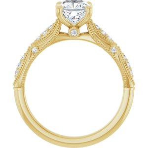 14K Yellow 6 mm Cushion Forever One™ Moissanite & 1/10 CTW Diamond Engagement Ring